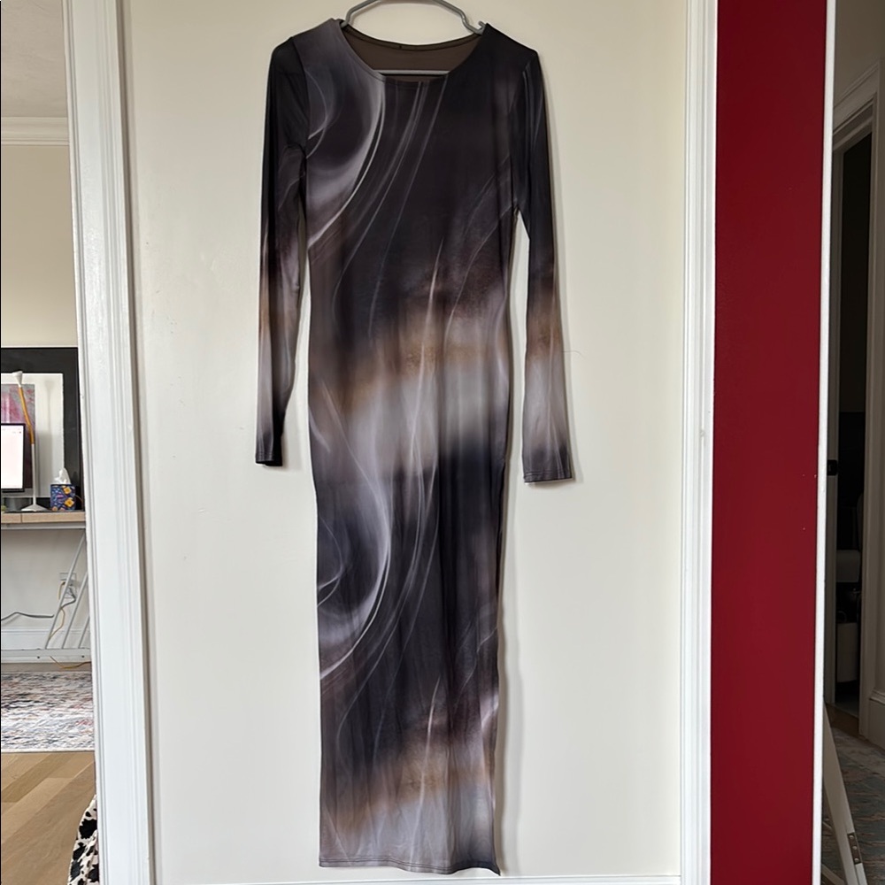 Black and Gray Long Sleeve Bodycon Long Dress
